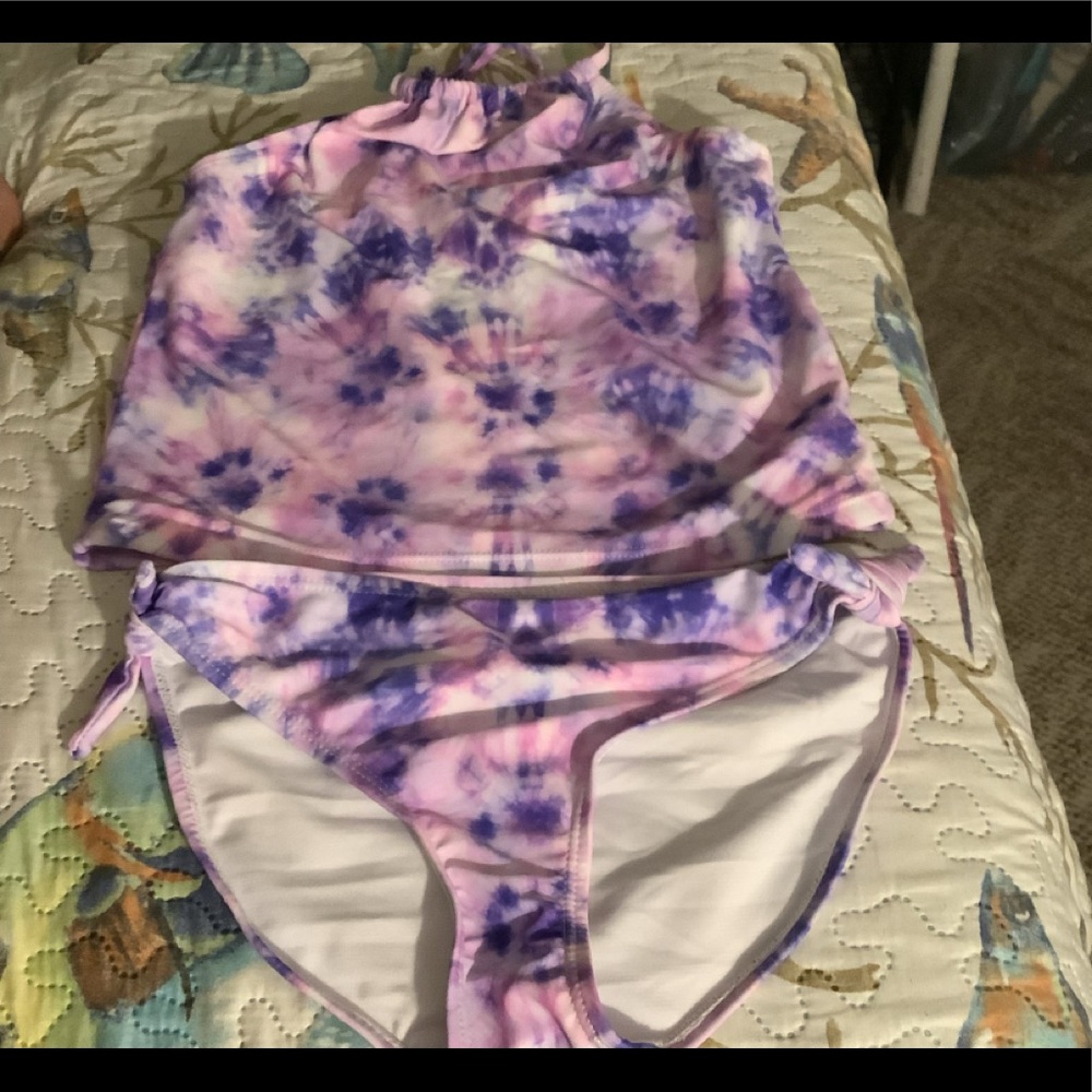 Pink Flamingo tankini tied dyed purple Lg 10/12 great for boating pool b…